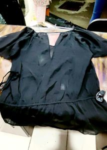 Sheer Black V-Neck Flutter Sleeve Top