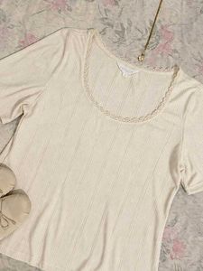 Cream Lace Trim Ribbed Top