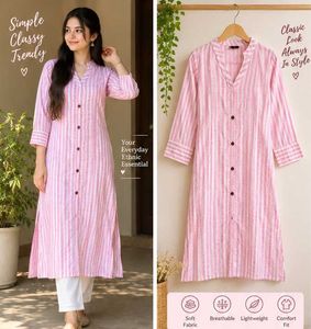 Pink Striped Cotton Kurta for Women