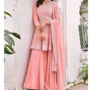 peach sharara set (white thread work)size XL