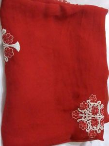 White Bordered Red Embroidered Saree
