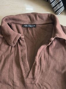 Brown Ribbed Polo Crop Top