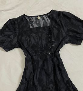 Black Lace-Up Puff Sleeve Mini Dress