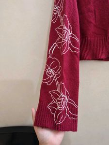 Maroon Floral Embroidered Cropped Knit Sweater