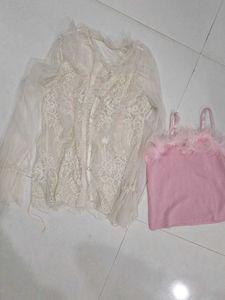 Sheer Lace Blouse & Pink Feather Cami Set