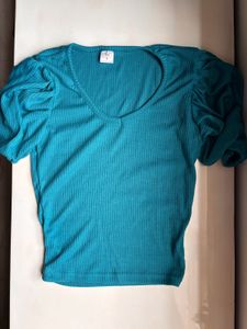 Teal Ribbed Puff Sleeve Top