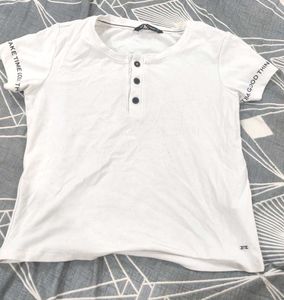 White Henley T-Shirt with Sleeve Print