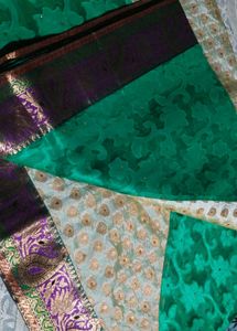 Green Net Saree With Yellow Stones