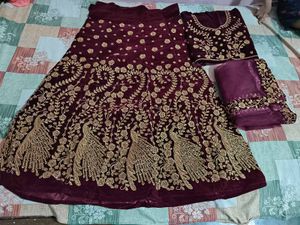 Elegant Velvet Peacock semi stitched Lehenga Set