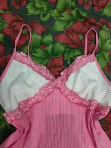 Cute Pink Ribbed Lace Trim Cami Top