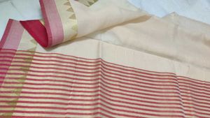 Cream saree with red border
