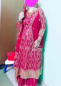 Red &amp; Gold Embroidered Anarkali Suit