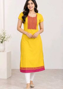 Yellow Embroidered Kurta with Pink Border