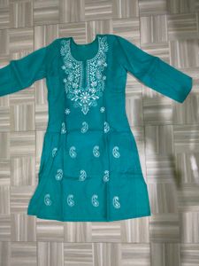 Teal Embroidered Cotton Kurta