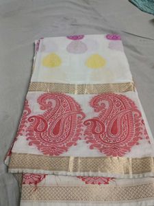 Elegant White Saree with Multi-Color Motifs