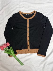 Classic Black Cardigan with Tan Trim