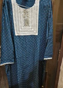 Blue Printed Kurta with Embellished Neckline