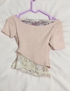 Sheer Lace Trimmed Pink Top