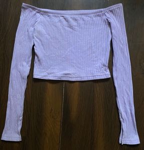 Lavender Off-Shoulder Ribbed Crop Top