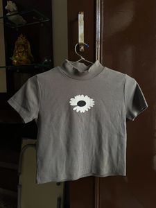 Grey Ribbed Graphic Crop Top