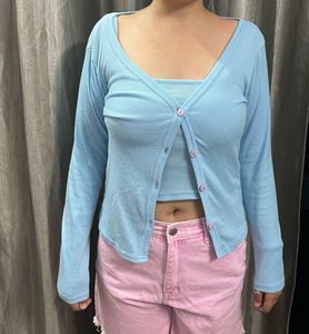Baby Blue Ribbed Cardigan Set