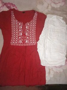 Red Embroidered Kurta with White Pants
