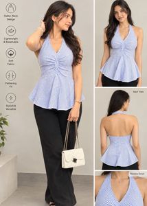 Blue Striped Halter Neck Peplum Top