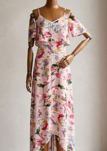 Romantic Pink Floral Print Ruffle Overlay Dress