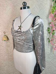 H&amp;M Silver Velvet Ruched Top