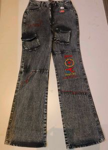 Vintage Y2K Black Acid Wash Flared Cargo Jeans
