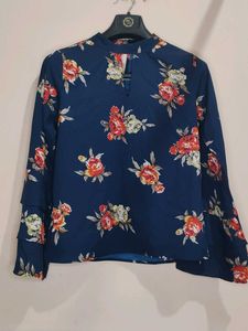Stylish Navy Floral Print Bell Sleeve Top