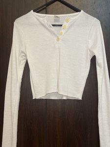 Ribbed White Henley Crop Top
