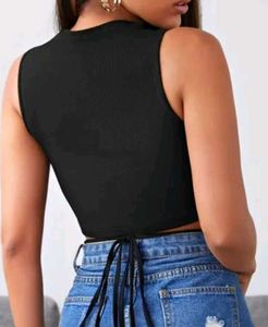 Black Ribbed Crop Top with Tie Detail