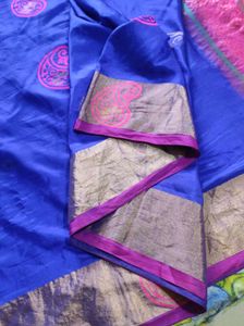 Vibrant Blue &amp; Pink Silk Saree