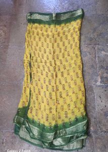 Vibrant Yellow &amp; Green Block Print Saree