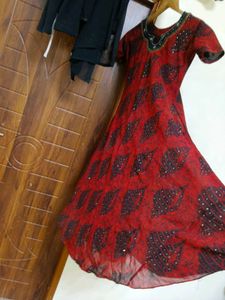 Red Printed Embellished long frock chudidar