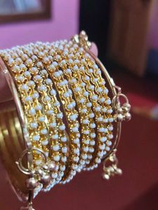 Elegant White Pearl Gold Bangles Set