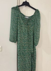 Green Floral Puff Sleeve Midi Dress