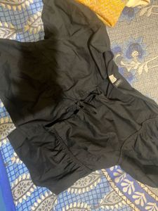 Black Tie-Front Peasant Top
