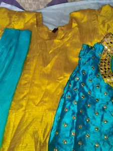 Yellow colour Tussar silk mirror work Gown with Ja