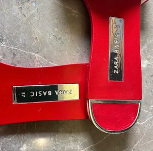Zara Genuine LEATHER Red Basic Slides