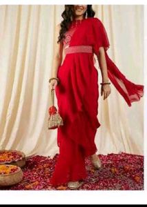 rani pink ruffle saree with belt