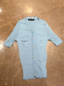 Light Blue Ribbed Cardigan Top