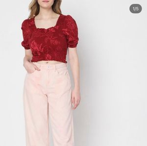 Chic Red Floral Smocked Crop Top