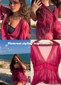 y2k embellished Sheer Beaded V-Neck Tunic Top