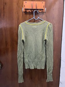 Green Knit Sweater with Yellow Stitching