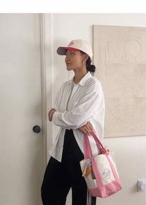 Trader Joe's Canvas Tote Bag Pink Trim