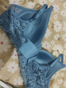 Blue Lace Trim Padded Bra