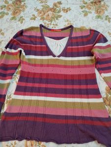 zlaata Navy Blue V-Neck Ribbed Top with free 🎁