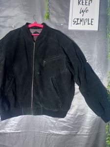 Black  suede leather full-zip bomber jacket